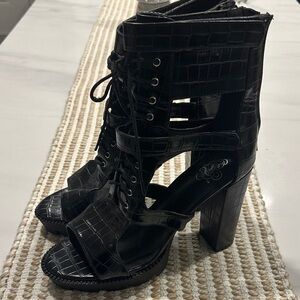 Black Croc-Embossed Lace-Up Heeled Sandals